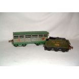 HORNBY 0 Gauge No 2 Bogie Cattle Truck - GW Grey and Green with Gold Lettering c 1930 (Good) and a