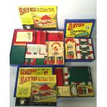 Three Bayko construction sets: No.0, parts include 2 x roof end no.