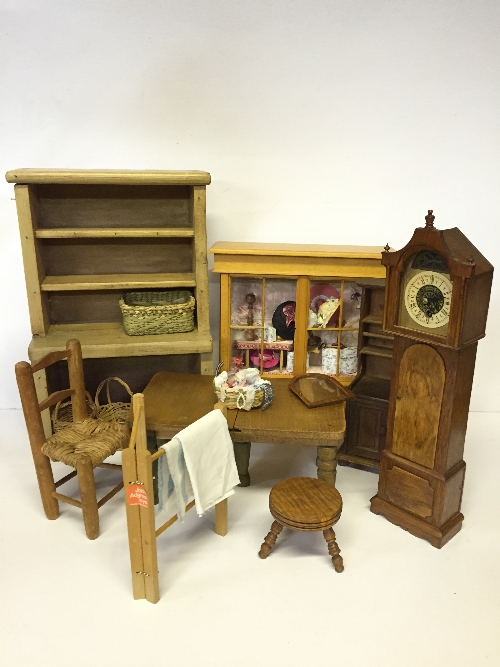 Selection of larger scale wooden Doll's Furniture, includes: clockwork Grandfather Clock,