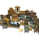 Good quantity of wooden doll's house furniture, includes ten chairs and a chaise longue. Overall G+.