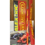 Selection of large shop display card signs for Scalextric and Hornby. Length 120cm approx.