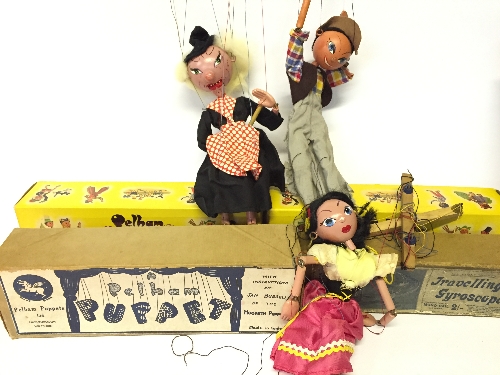 Three Pelham Puppets: Type SS Cowboy (some paint loss to lead hands,