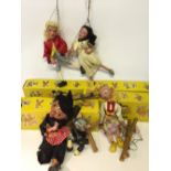 Five Pelham Puppets: Prince Charming; Ballet Dancer; Witch with Cat (in same box); Girl.