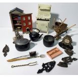Selection of doll's house miniatures, includes: Britains Miniature Household Series kettle,