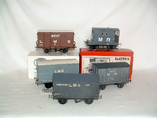 5 x 0 Gauge Kit Built LMS/MR Goods wagons by Parkside Dundas, Slaters and others - an LMS Meat Van,