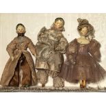 Three Grodnertal  (Germany) 19th Century Dolls: wooden jointed bodies with gesso covered shoulder