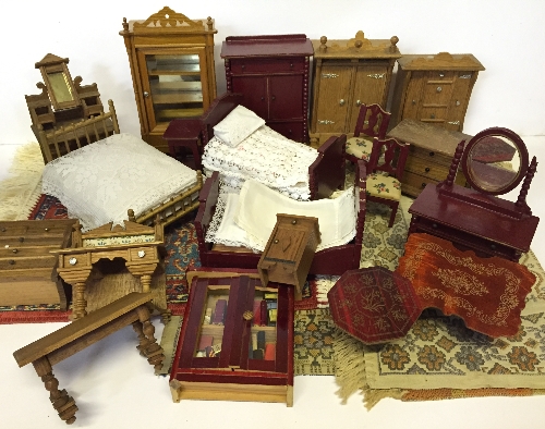 Selection of wooden doll's house furniture, includes wash stand and three beds. Overall G+.