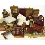 Selection of wooden doll's house furniture, includes wash stand and three beds. Overall G+.