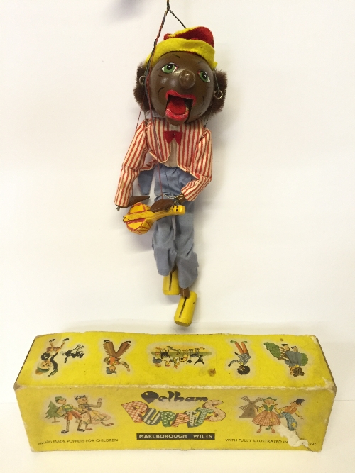 Pelham Puppet Black Minstrel: opening mouth with tongue, red and yellow felt hat,