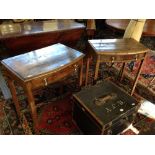 A pair of walnut veneer side tables with single drawer under (in need of renovation).