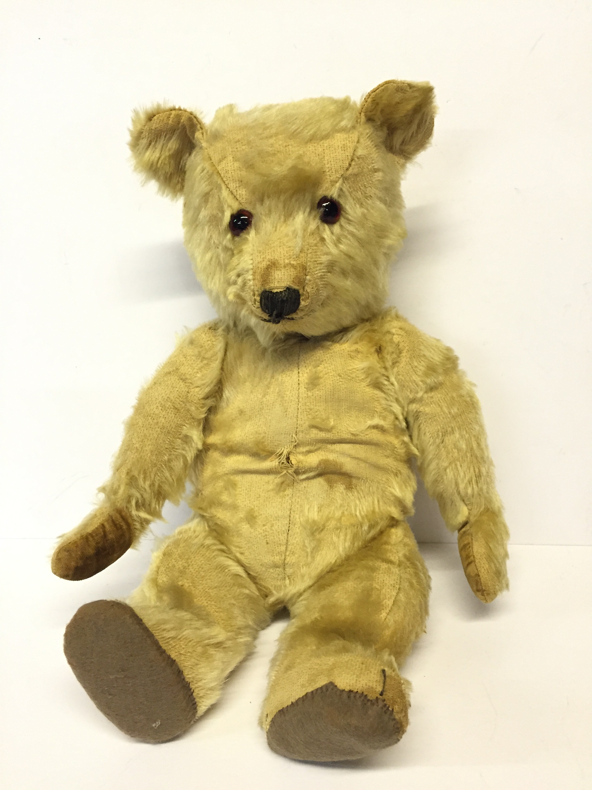 Musical Teddy Bear: stitched nose, mouth and claws, velveteen pads (two replaced wth felt),