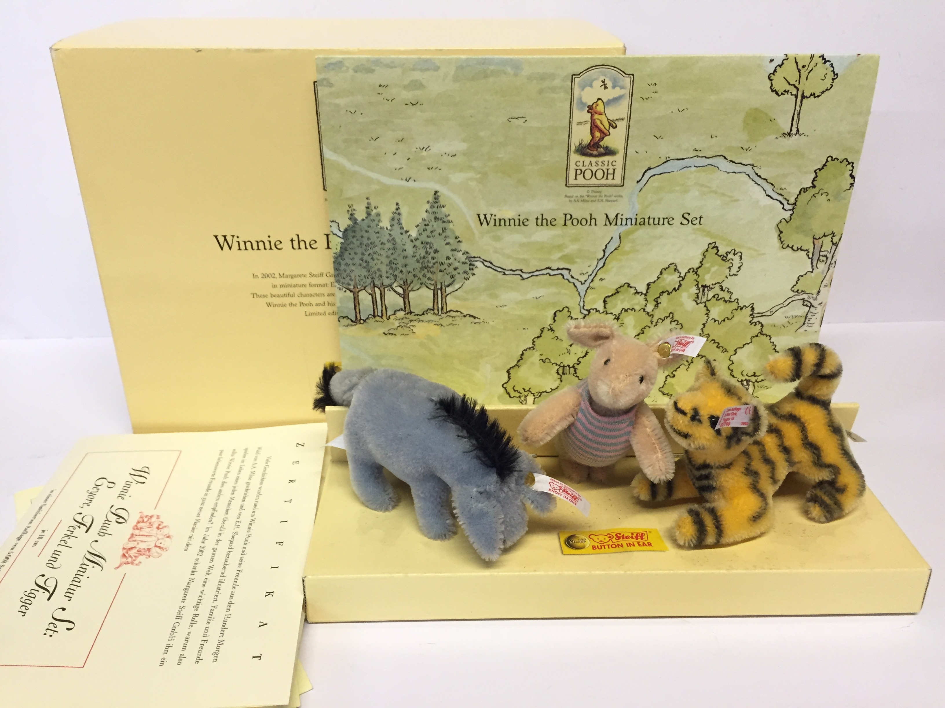 Steiff Winnie The Pooh Miniature Set featuring Eeyore, Piglet and Tigger, 10cm.