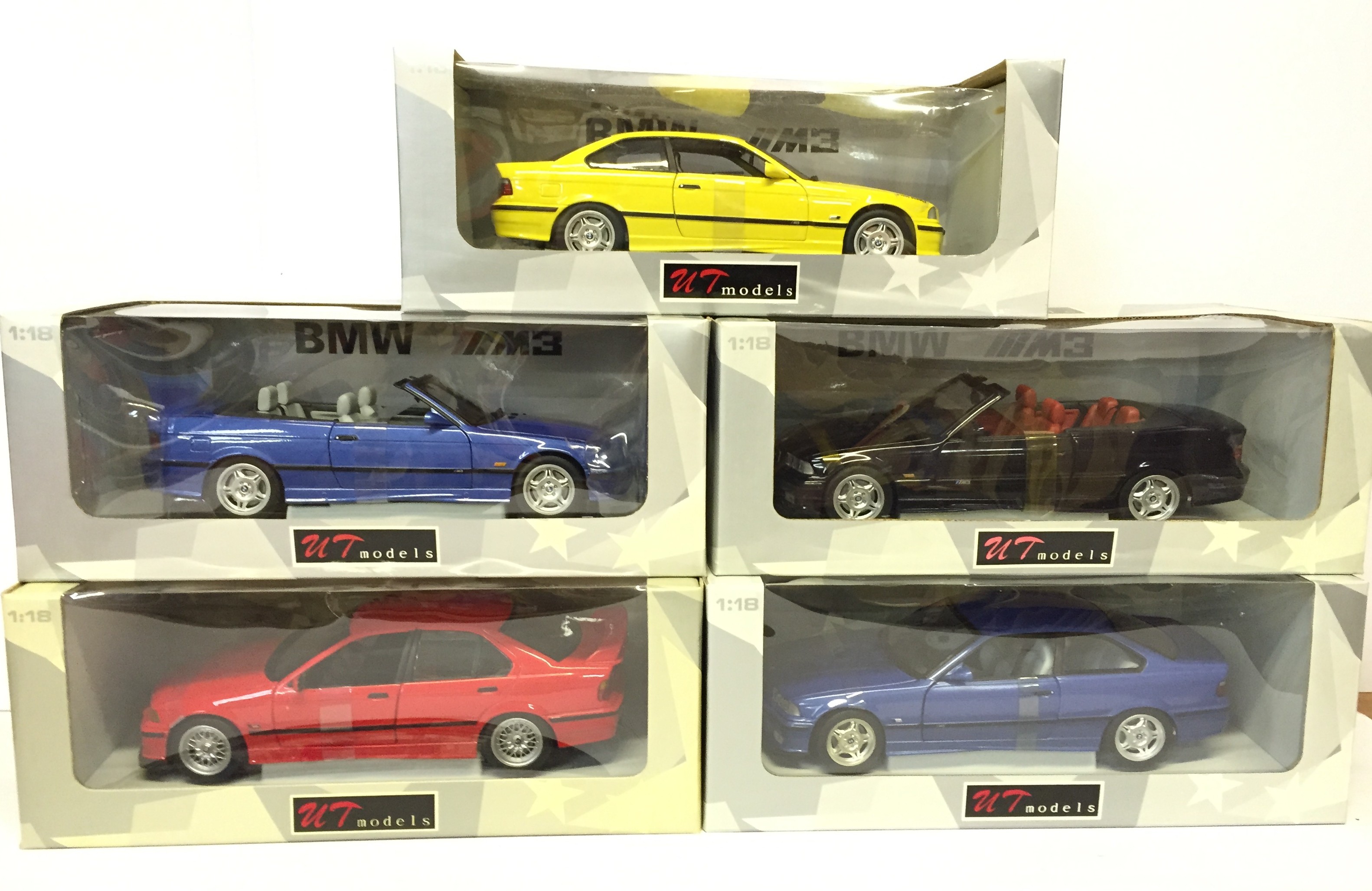 Five UT Models 1/18 scale BMW diecast models: 2 x M3 Cabriolet in techno-violet and black;