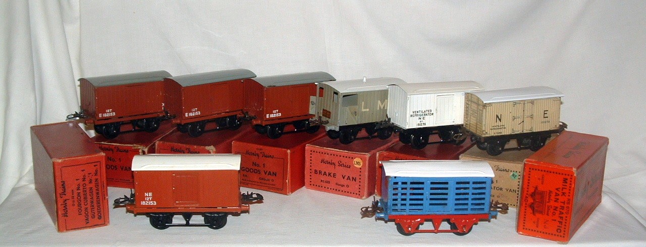 HORNBY 0 Gauge 8 x No 1 Goods Wagons - 4 x Goods Vans (3 x BR and a NE), 2 x NE Refrigerator Vans,