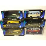 Five Solido Prestige 1/18 scale Volkswagen models:  #8610 VW Karmann Vacances; #9558 Lufthansa Van;