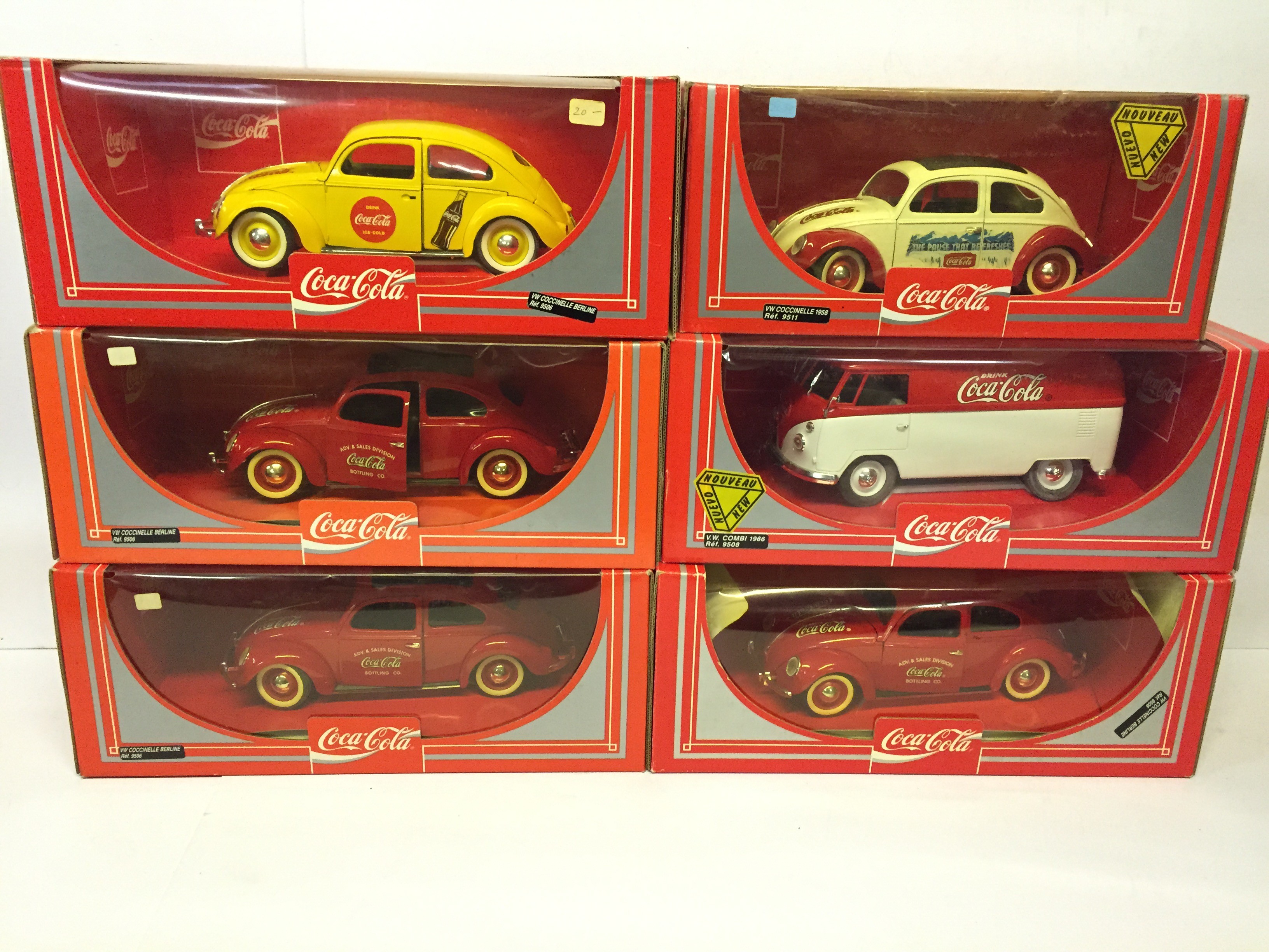 Six Solido 1/18 scale Volkswagen Coca Cola models: #9508 VW Combi 1966;