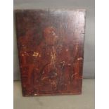 A wooden panel with a classical scene of a seated gentleman and boy, 13½'' x 10''