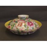 A yellow ground famille rose millefiori dish and cover, 9'' diameter