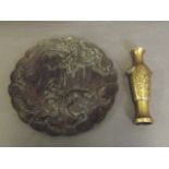 A bronze plaque with raised tiger and dragon decoration, and a small vase with twin handles, 6½''