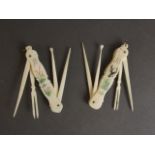 A pair of Chinese bone manicure sets with water fowl and carp decoration,