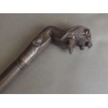 A walking stick with carved wood handle in the form of a lion,