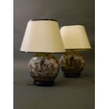 A pair of Chinese porcelain lamps with enamel decoration and gilt highlights,