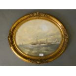 A C19th watercolour, twin funnel paddle steamer flying a Portuguese flag, in a good gilt oval frame,