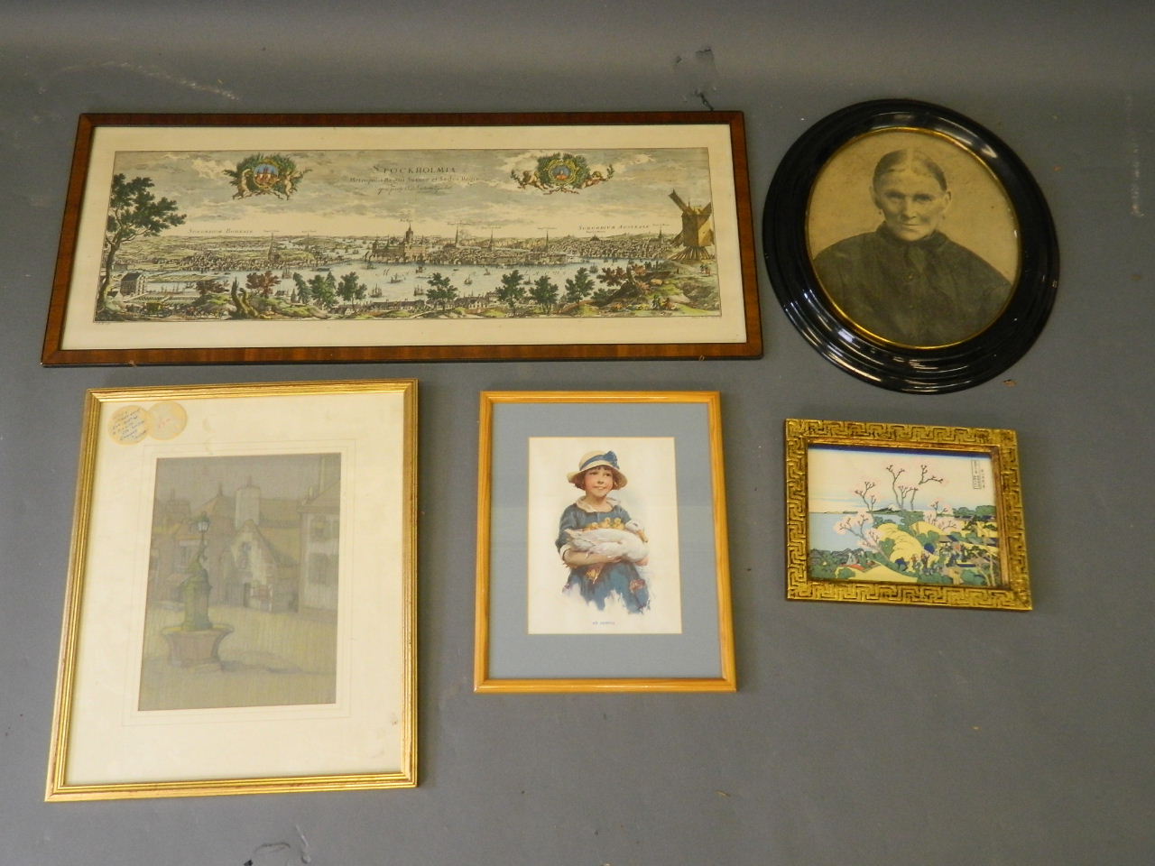 A quantity of assorted prints, sketches etc, to include a C19th hand coloured print of Stockholm,