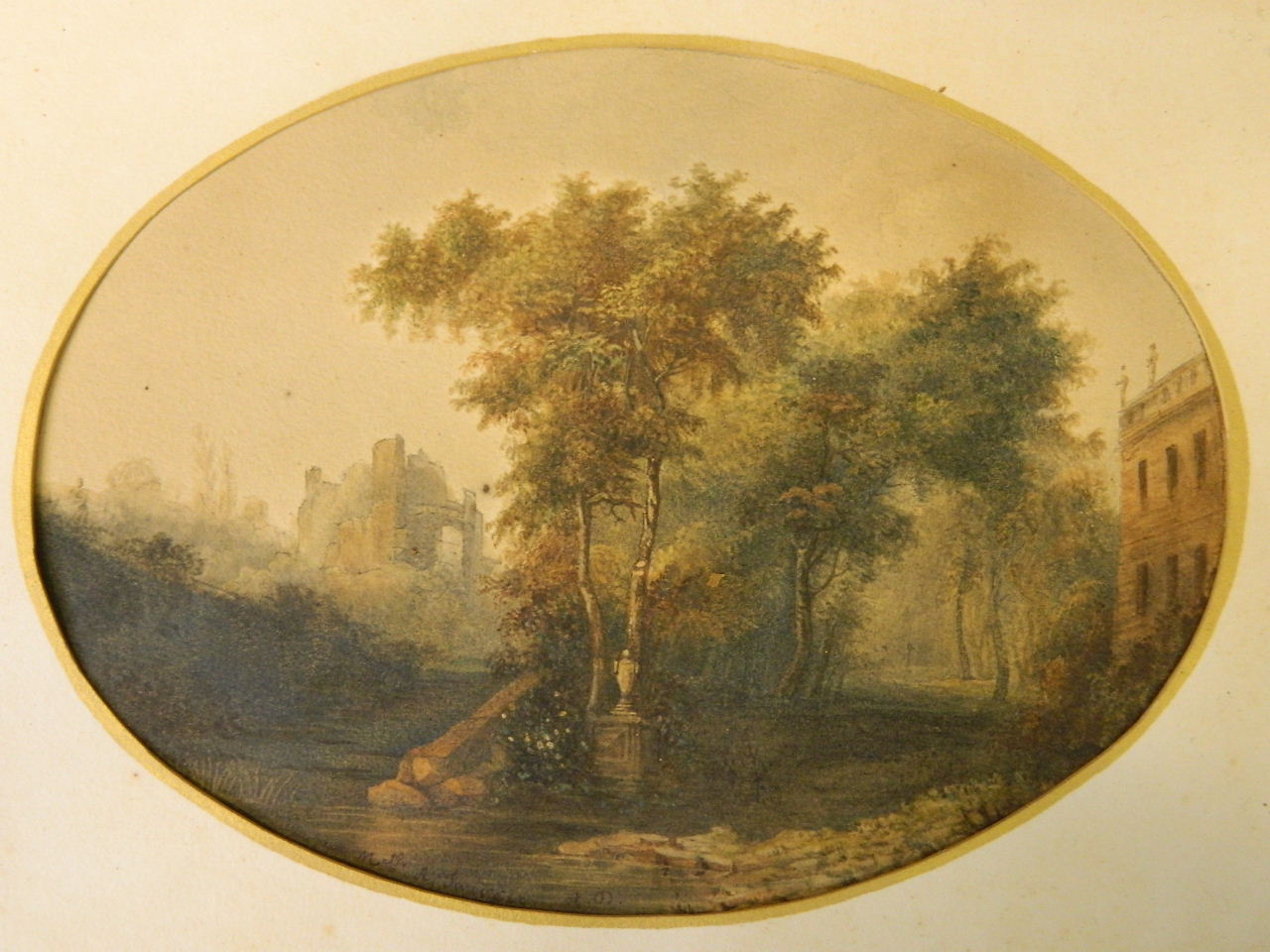 A C19th watercolour, romantic landscape with ruin and country house, - Image 2 of 3