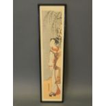 A C19th Japanese woodblock style pillar print, 'Koriusai', female musician with a bamboo flute,