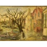 George Hann, oil on hardboard, Continental river scene with boats moored by a bridge, signed,