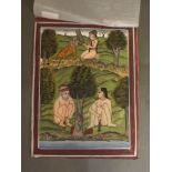 An early C20th Indian erotic miniature painting, figure in a garden with a lion,
