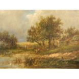 Joseph Thors, oil on canvas, children by a pond with fields and cottages beyond, signed,