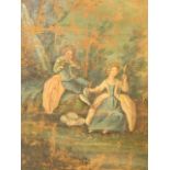 A late C18th/early C19th oil on canvas, young lady and courtier in a garden, unstretchered,