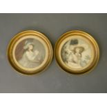 A pair of circular framed lithographs depicting C18th women, 6¼'' diameter,
