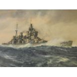 Oscar Parkes, watercolour, British naval battleship in stormy seas, signed,