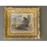 An oil on canvas laid on card, figure mending nets, inscribed on label verso 'Christopher Wood,