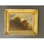 A C19th oil on panel, landscape with figures by riverside dwellings, inscribed on label verso,