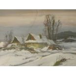 A Continental oil on millboard, winter scene with dwellings under snow, unsigned,