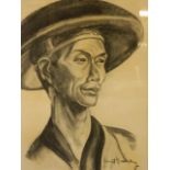 A charcoal drawing, portrait of an Oriental gentleman, signed indistinctly 'Janet Kaminsky' (?),