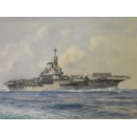 Oscar Parkes, watercolour, British naval aircraft carrier, signed,