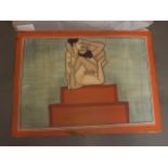 An early C20th Indian erotic miniature, man and woman performing the Karma Sutra on a podium,