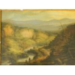An early C19th oil on canvas, landscape with figures overlooking a river and limestone escarpment,
