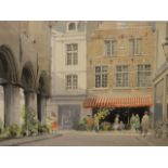 Jeremy Barlow, 'Flower Shop, Bruges', watercolour, street scene, signed in pencil, label verso,