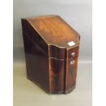 A George III inlaid mahogany shaped and fall front knife box with fitted interior, on ogee supports,