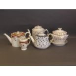 A large English white and gilt teapot, a blue and white teapot, a sucrier and stand, a milk jug with