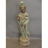 A large Chinese green ground glazed pottery figure of Quan Yin, 28'' high