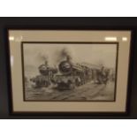 Craig Tiley, pencil drawing of steam trains, pencil signed, label verso 'Betton Grange - The