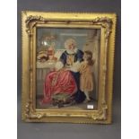 A C19th embroidery of an old man with child, in a good giltwood frame with moulded decoration, frame