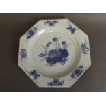 An early C19th Chinese porcelain plate of octagonal form with blue and white floral decoration, 8½''